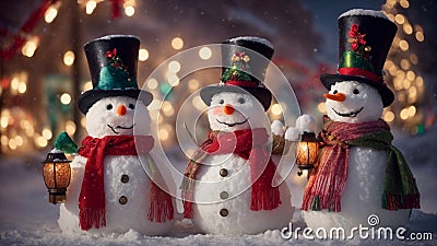 Whimsical Snowmen Trio: Festive Lantern Delight Stock Photo