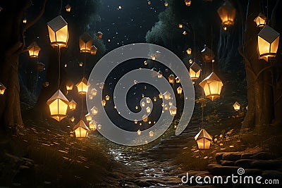 Whimsical starshaped lanterns glowing in the Stock Photo