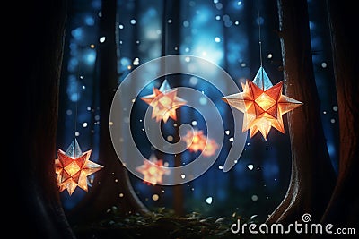 Whimsical starshaped lanterns glowing in the Stock Photo