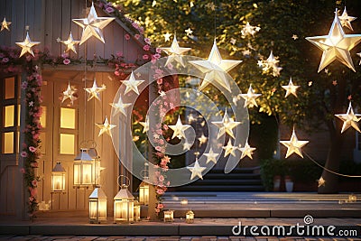 Whimsical starshaped lanterns hanging in a Stock Photo