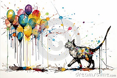 Whimsical tabby cat playfully engages with vibrant balloons in a captivating watercolor artwork Stock Photo