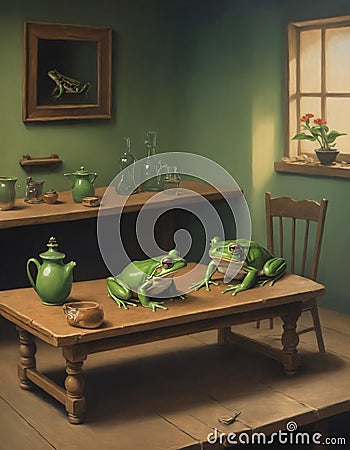 Whimsical Tea Time of Frogs in Cozy Room, AI Generated Stock Photo