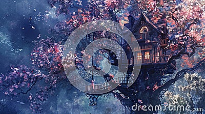 whimsical tree house and flowers Stock Photo
