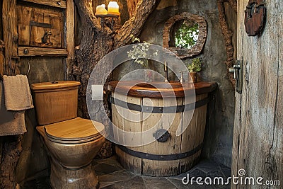 Whimsical treehouse bathroom with wooden barrel sink, tree trunk features, and nature-inspired decor creating a Stock Photo