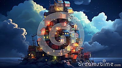 Whimsical Village on a Tiny Island Under a Night Sky, Glowing with Warm, Inviting Light Stock Photo