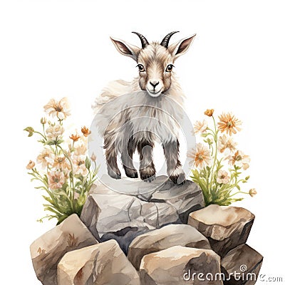 Whimsical Watercolor Baby Goat Climbing Rocks Surrounded by Mountain Flowers AI Generated Cartoon Illustration