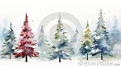 Whimsical Watercolor Christmas Tree Lot with Snow on Treetops AI Generated Cartoon Illustration