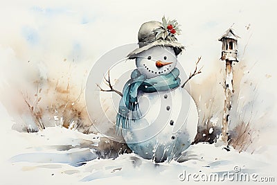 whimsical watercolor of Frosty Snowman, adorned in a scarf, hat, and carrot nose, set against a snowy backdrop. Cartoon Illustration