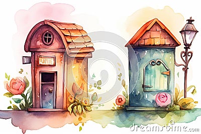 Whimsical watercolor mailboxes with playful patterns and sweet charm, whimsical atmosphere Stock Photo