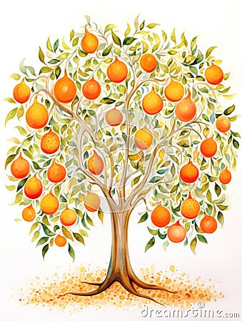 Whimsical Watercolor Orange Tree Fruits AI Generated Cartoon Illustration