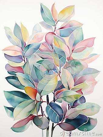 Whimsical Watercolor Rubber Plant Leaves AI Generated Cartoon Illustration