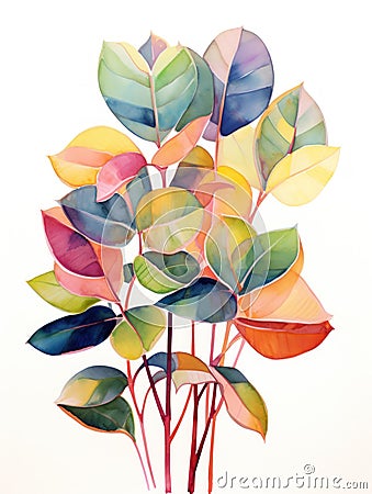 Whimsical Watercolor Rubber Plant Leaves AI Generated Cartoon Illustration