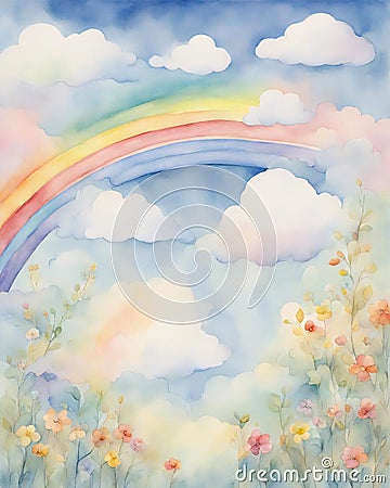 Whimsical Watercolor Sky with Rainbow Stock Photo