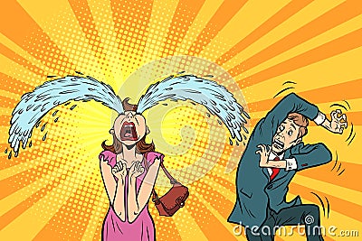 Whimsical weeping woman and funny fright men Vector Illustration