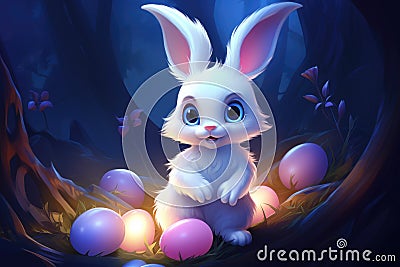 A Whimsical White Bunny Guardianship of Mystic Blue Orbs. Generative AI Stock Photo