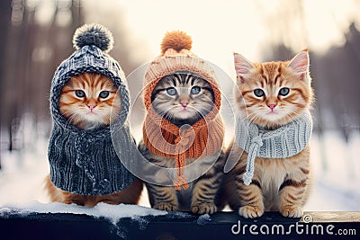 whimsical winter scene, cute cats adorned in stylish clothes playfully explore a snowy landscape. Stock Photo