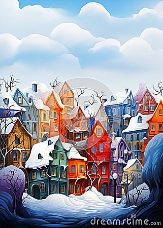 Whimsical winter town with colorful houses Stock Photo