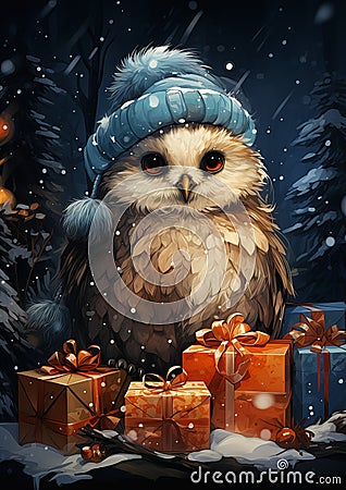 Whimsical Winter Wisp: A Festive Owl's Gift-Giving Adventure in Stock Photo