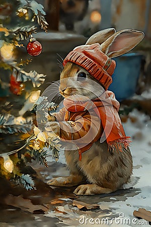 Whimsical Winter Wonderland: Adorable Rabbits Decked Out in Cozy Stock Photo