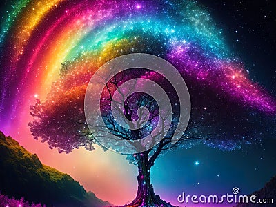Whimsical Wonderland: Capturing the Vibrant Magic of Rainbow Trees in the Galaxy Environment Stock Photo