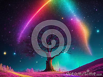 Whimsical Wonderland: Capturing the Vibrant Magic of Rainbow Trees in the Galaxy Environment Stock Photo