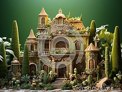 Whimsical Wonderland: Giant Pastel Green Gingerbread Cookie House with garden Stock Photo