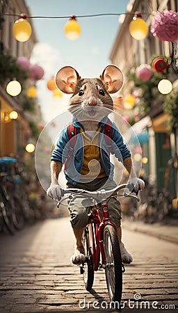 Whimsical Wonders: Adorable Mouse Riding a Bicycle, a Playful and Unique Scene Stock Photo