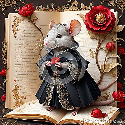 In the whimsical world of Ratopia, there lived a cute rat who was known for her exquisite dark gown that shimmered in the light. Stock Photo