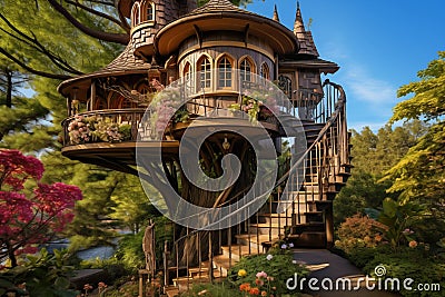Whimsically designed treehouse with a spiral staircase. Generative AI Stock Photo