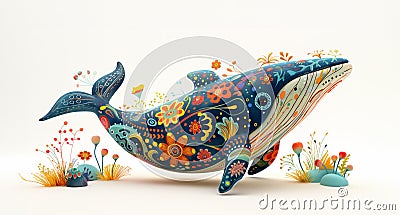 A whimsically illustrated whale adorned with vibrant floral and folk patterns, floating amidst stylized aquatic flora. Cute fish Stock Photo