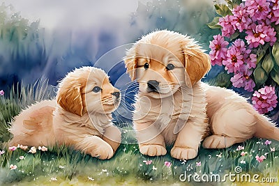 Whimsy and Charm of Golden Retrievers Puppies Stock Photo