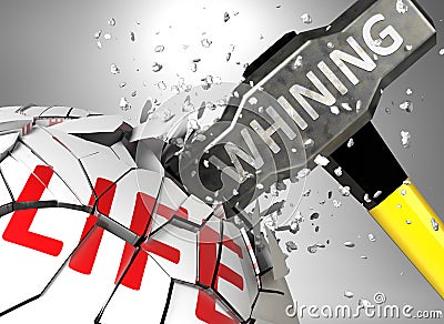 Whining and destruction of health and life - symbolized by word Whining and a hammer to show negative aspect of Whining, 3d Cartoon Illustration
