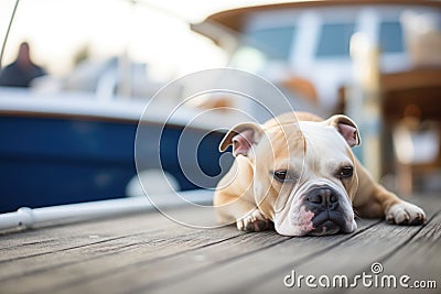 whining dog at the edge of a boat deck Stock Photo