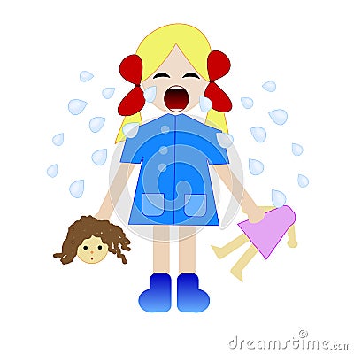 Whining girl with the broken doll in hands Cartoon Illustration