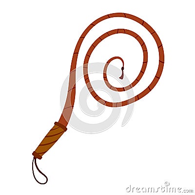 Whip for training an animal. Long cord. Horsewhip of Wild West. Flat cartoon. Concept of slavery, submission and Vector Illustration