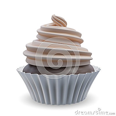 Whipped beige cream swirl cupcake with chocolate biscuit. Realistic vector Cartoon Illustration