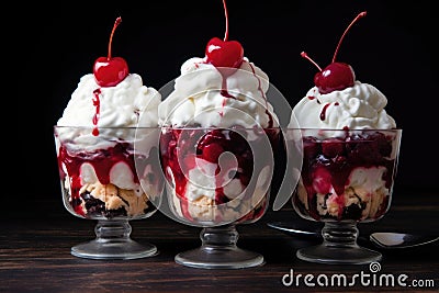 whipped cream and cherries atop ice cream sundaes Stock Photo