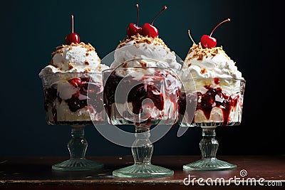 whipped cream and cherries atop ice cream sundaes Stock Photo