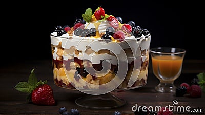 Whipped cream on layers of sponge cake, fruit, custard in glass trifle. Mix of textures and flavors Stock Photo