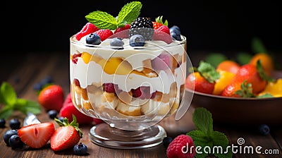 Whipped cream on layers of sponge cake, fruit, custard in glass trifle. Mix of textures and flavors Stock Photo