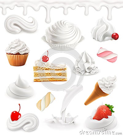 Whipped cream, milk, ice cream, cake, cupcake, candy. 3d vector icon set Vector Illustration