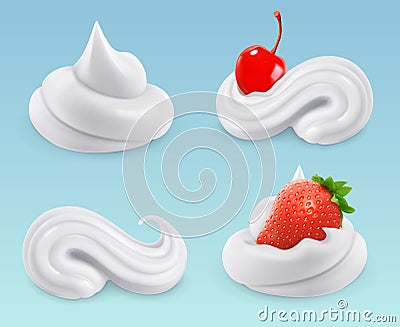 Whipped cream, sweet cream, cherries and strawberries Vector Illustration