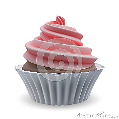 Whipped pink cream swirl cupcake with biscuit. Realistic vector Vector Illustration