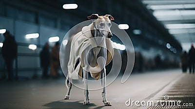 A whippy dog is walking down the street. Generative AI image. Stock Photo