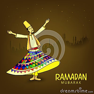 Whirling dervish performing religious dance on mosque silhouetted background for holy month of prayers Ramadan Kareem Stock Photo