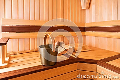 Whisk, bucket and ladle for sauna. Lie on the bench Stock Photo