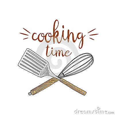 Whisk or kitchen, cooking stuff for menu decoration. baking logo emblem or label, engraved hand drawn in old sketch or Vector Illustration