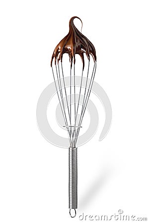 Whisk with melted chocolate cream isolated on white Stock Photo