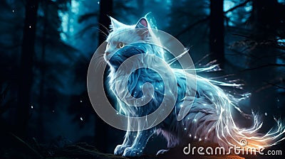 Whiskered Guardian: Cat Patronus Illuminating Enchanted Moonlit Wilderness Stock Photo