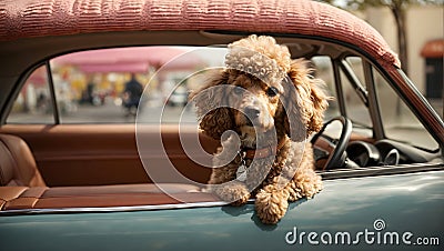 Whiskered Wanderlust: Poodle's Canine Car Expedition with Style and Panache Stock Photo